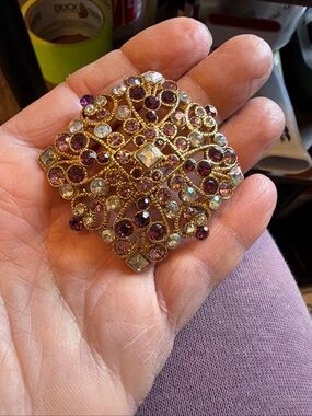 Gold Tone Square Brooch Purple Pink and Clear Glass Stones 2.5 Inch Unmarked